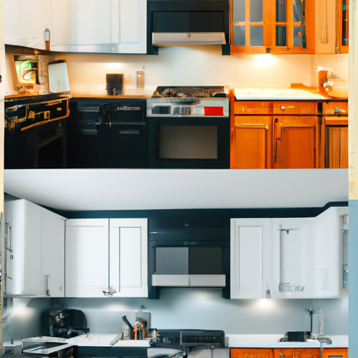 תמונה 1: השוואה לפני ואחרי של מטבח שעובר שיפוץ מודרני